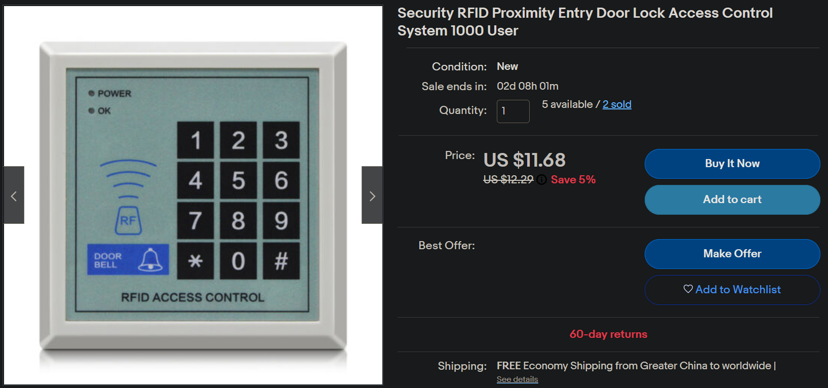 Image of RFID reader listing from eBay, US $11.68 listed price